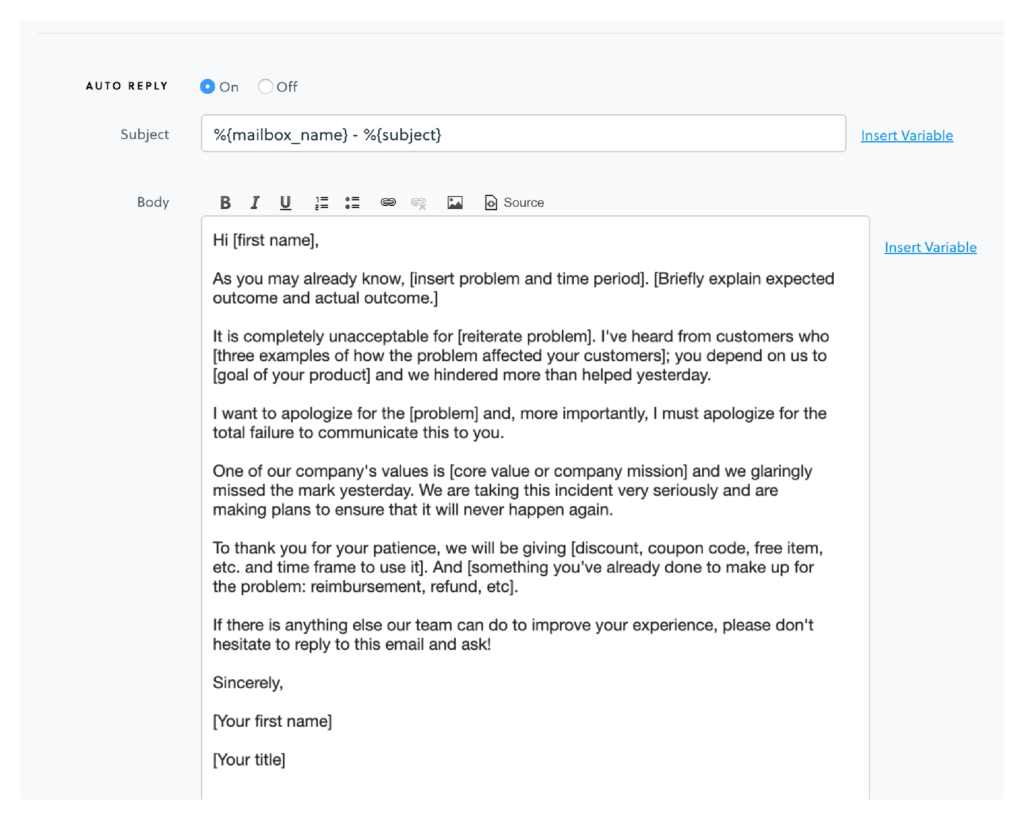 ejemplo de correo electrónico de disculpa empresarial para la respuesta automática de servicio al cliente