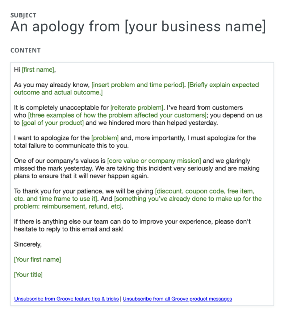 ejemplo de correo electrónico de disculpa empresarial para campaña de marketing