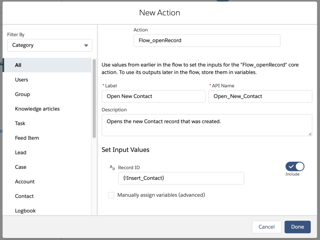 Flujo de Salesforce para redireccionar para registrar una acción personalizada