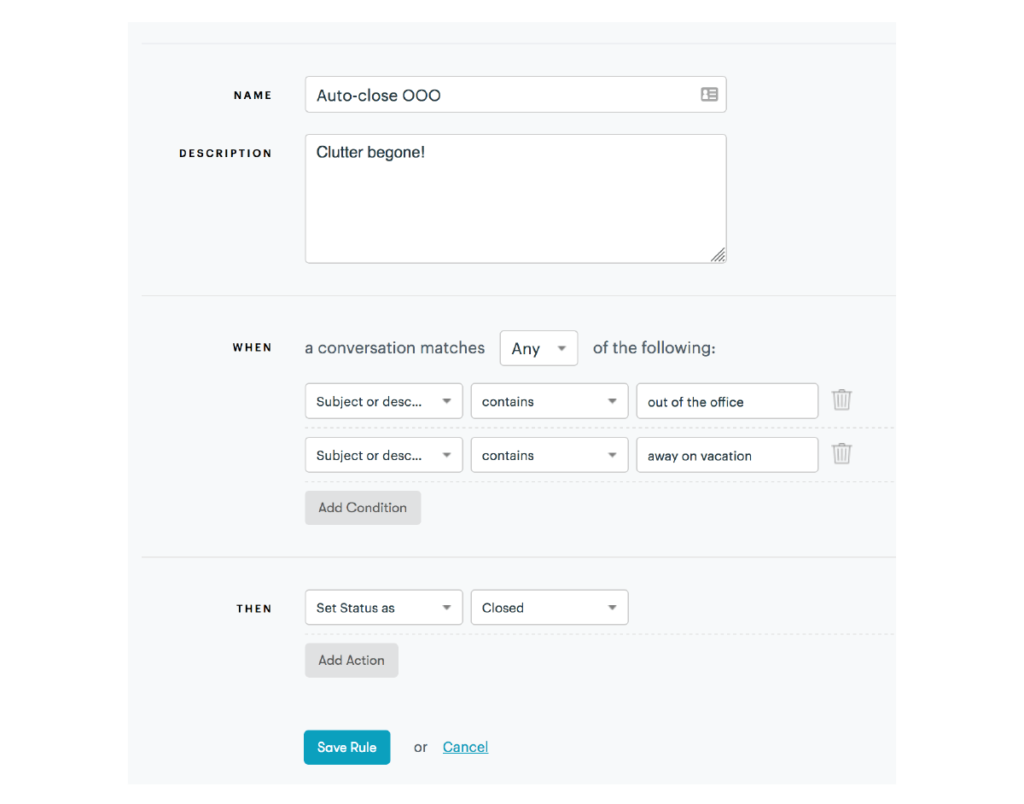 La bandeja de entrada compartida de Gmail carece de reglas condicionales para ayudarte a automatizar tareas, a diferencia de la bandeja de entrada compartida de Groove.