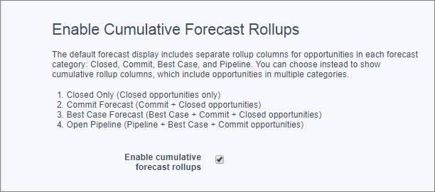 La página Configuración de pronósticos con Habilitar paquetes acumulativos de pronósticos seleccionados