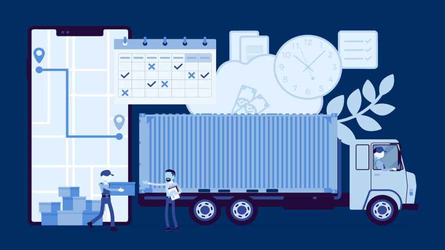 Ilustración de un camión de reparto, paquetes, un reloj, un calendario y repartidores