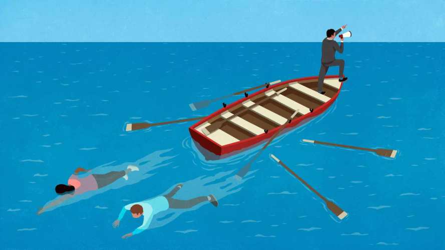 Una ilustración de la ansiedad en el lugar de trabajo muestra a dos compañeros de trabajo saltando de un bote de remos mientras alguien en el frente habla por un altavoz.