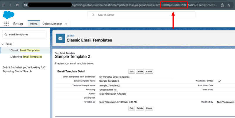 Imagen que resalta la cadena de 15 caracteres en la URL de la página Plantilla de correo electrónico de una plantilla de correo electrónico de muestra.