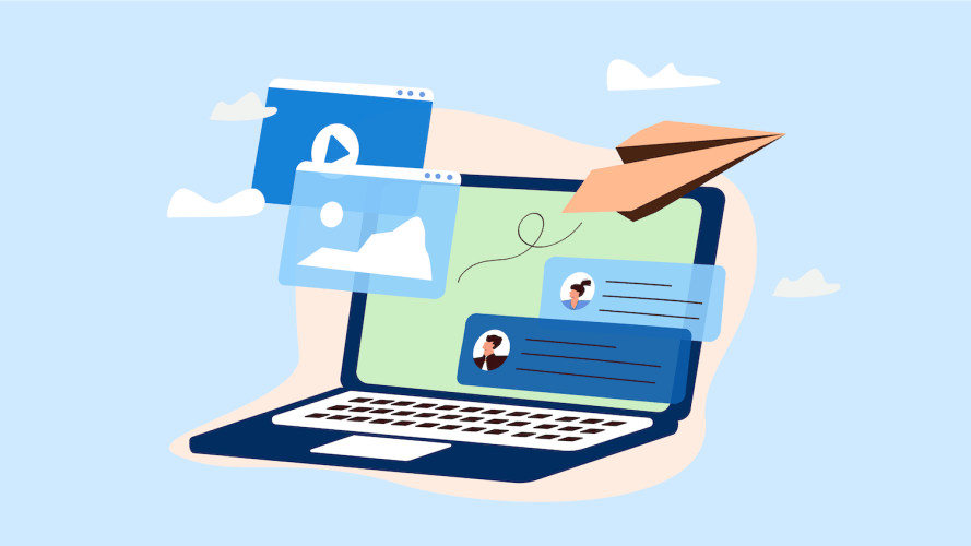 Iconos de productividad como correo electrónico y chat en una ilustración de una computadora portátil con fondo azul
