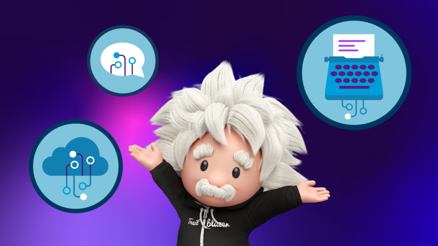 Ilustración del personaje de Einstein rodeado por 3 insignias de Trailhead para habilidades de IA