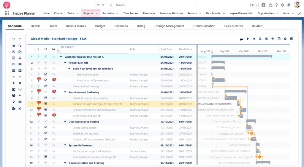 Gestión de proyectos en cascada de Inspire Planner en Salesforce